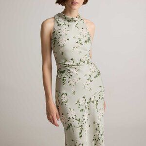 Quince Washable Stretch Silk High Neck Midi Dress in Jasmine Vine (Light Green)